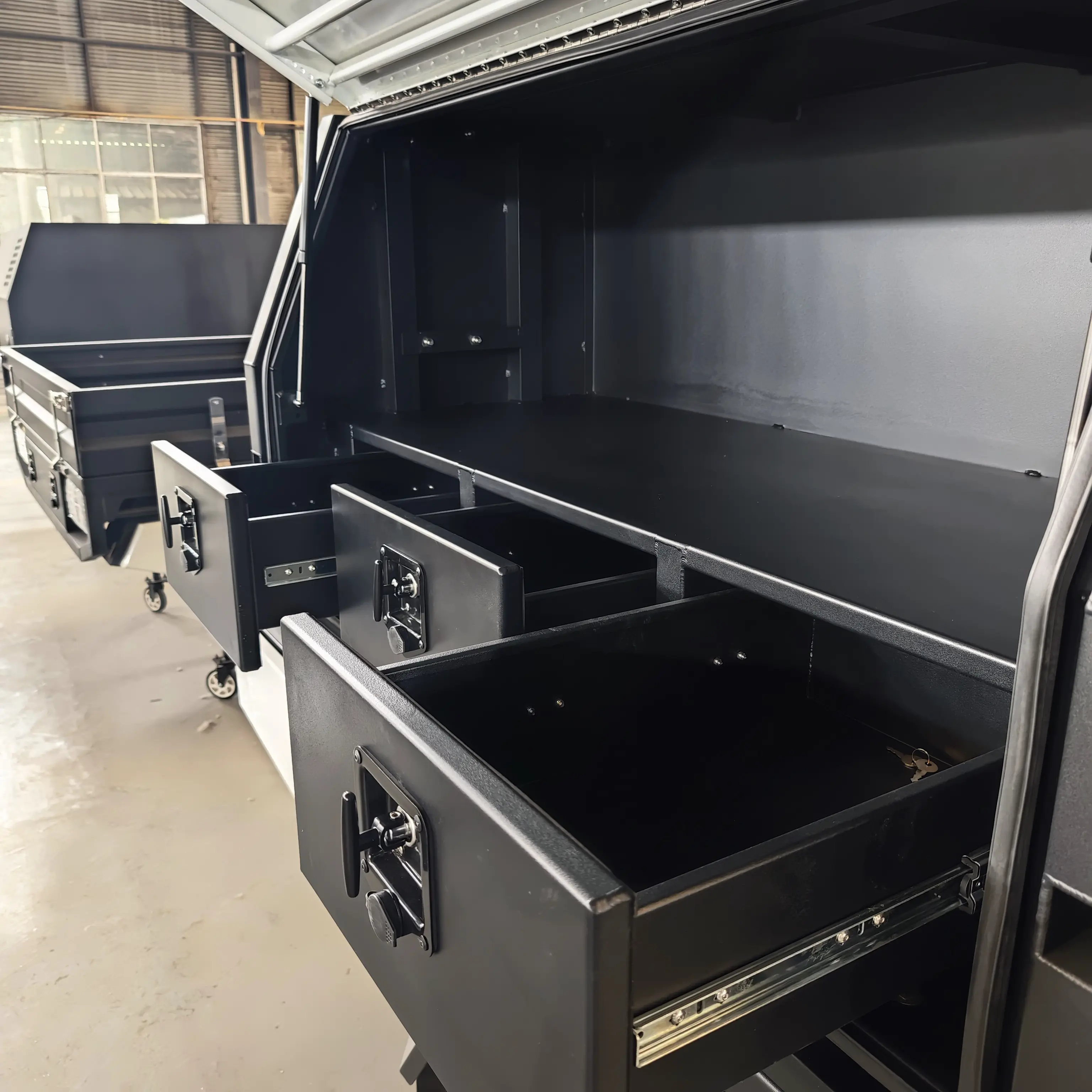 Open drawer interior layout on a storage module